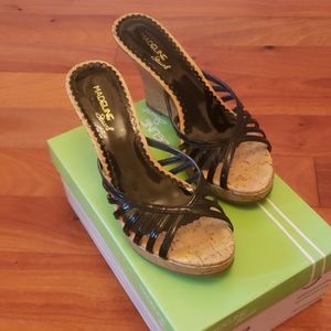 Black patent cork style wedge